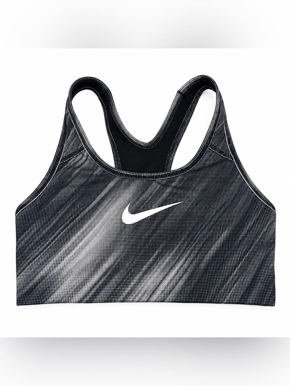 Nike Dri-FIT Sports Bra Women size XS Black White Abstract Racerback Swoosh